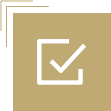 White checkmark in a square, gold background.